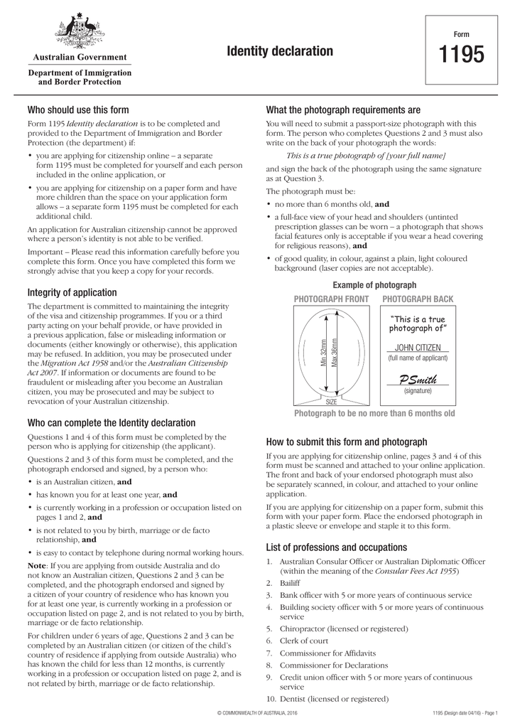 1195 Identity Declaration Department Of Immigration And Border
