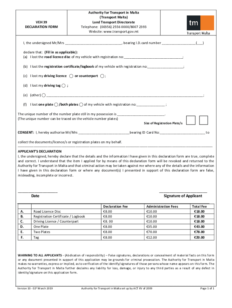 2019 2022 Form Malta VEH 39 Fill Online Printable Fillable Blank 