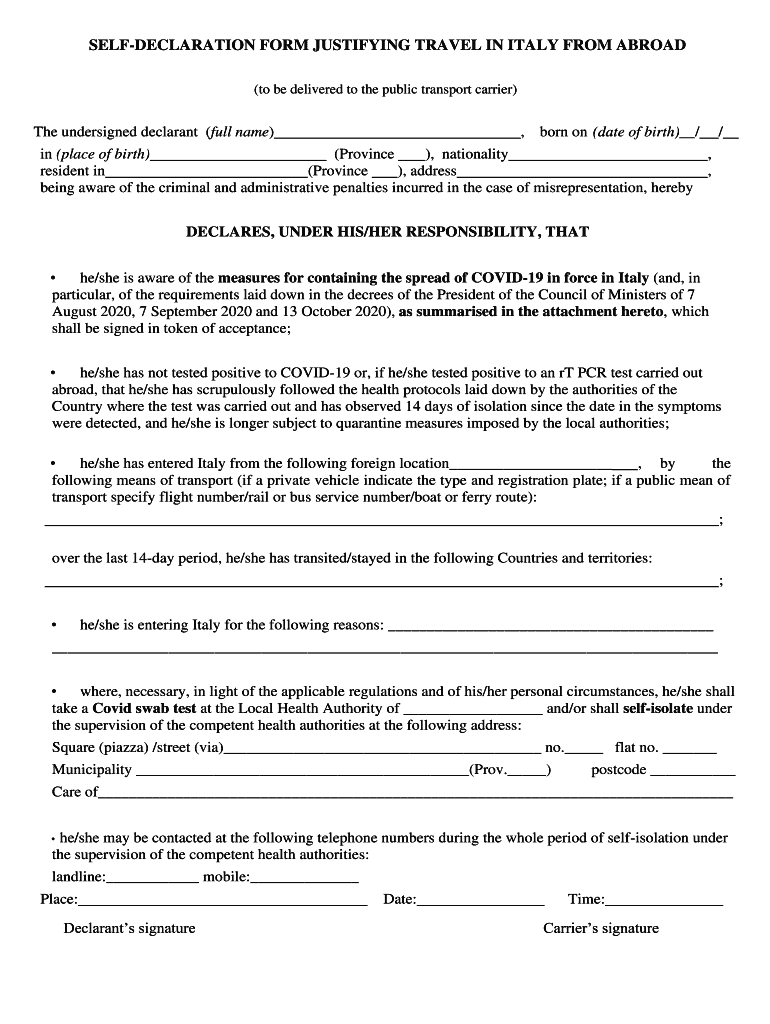 2020 IT Self Declaration Form For Travel To Italy From Abroad Fill 