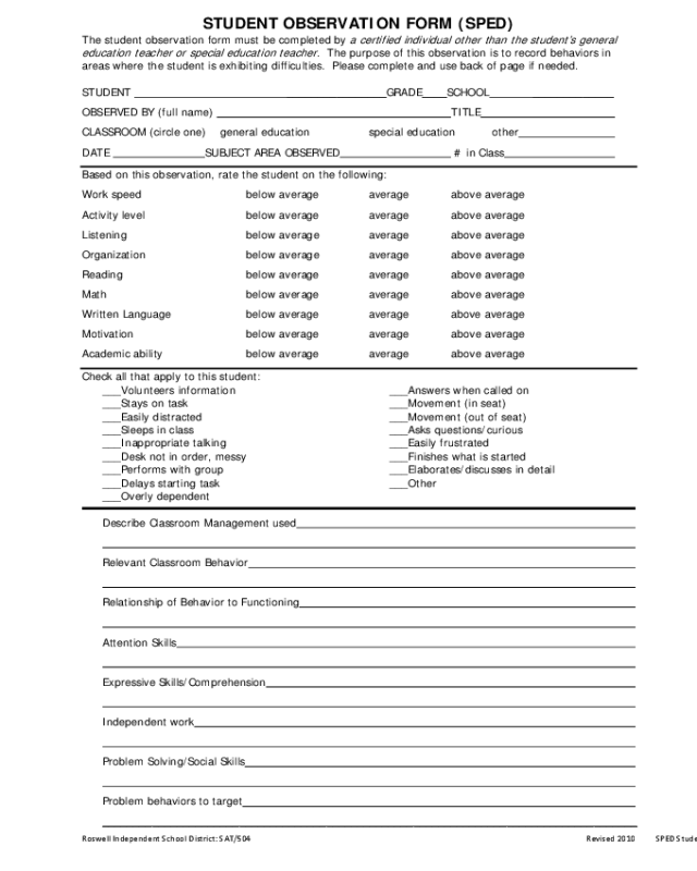 2022 Student Observation Form Fillable Printable PDF Forms Handypdf