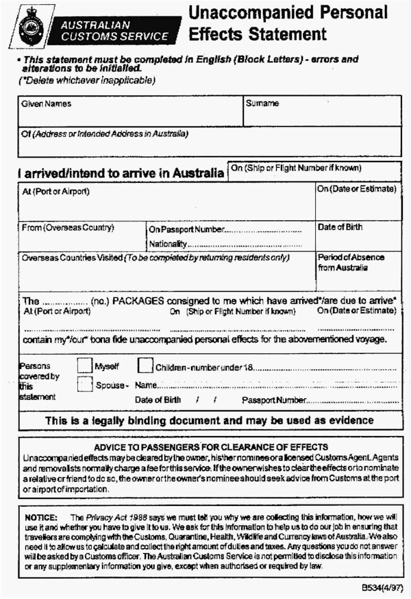 Australian Customs Import Declaration Page 1