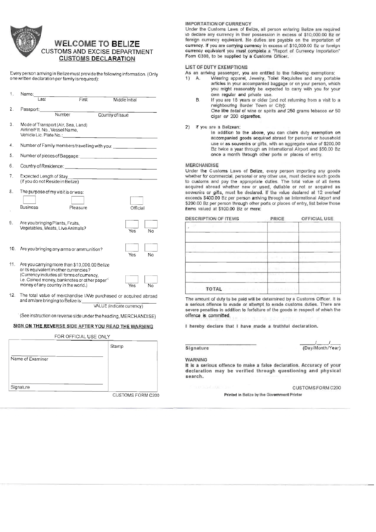 Belize Customs Declaration Printable Pdf Download