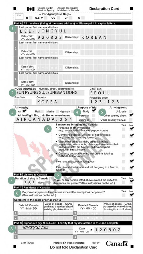 Canada Declaration Card Sample