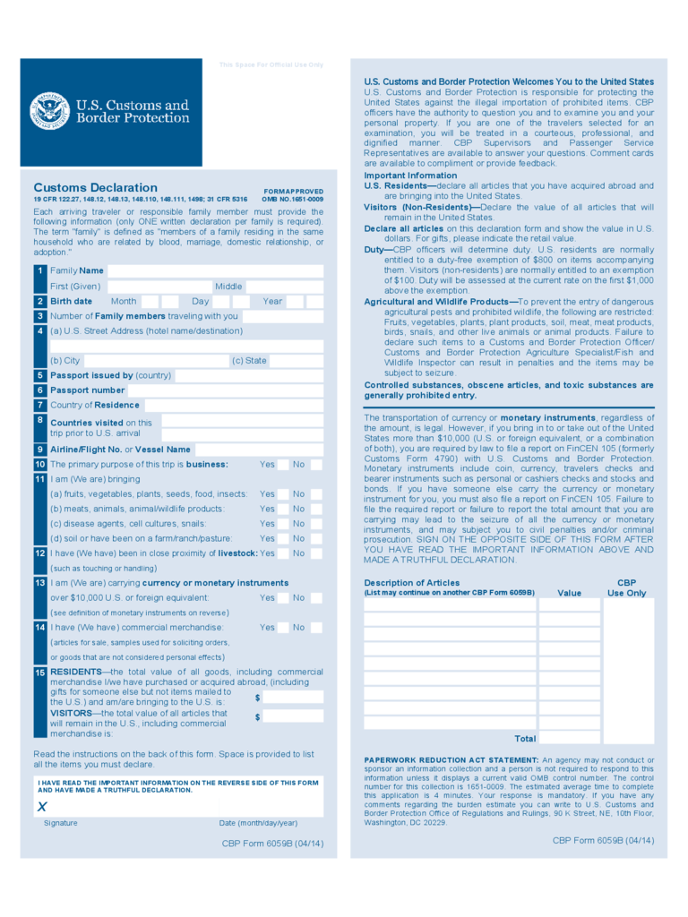 CBP DECLARATION FORM 6059B PDF