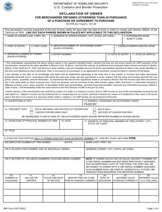 CBP Form 3347 Download Fillable PDF Or Fill Online Declaration Of Owner 