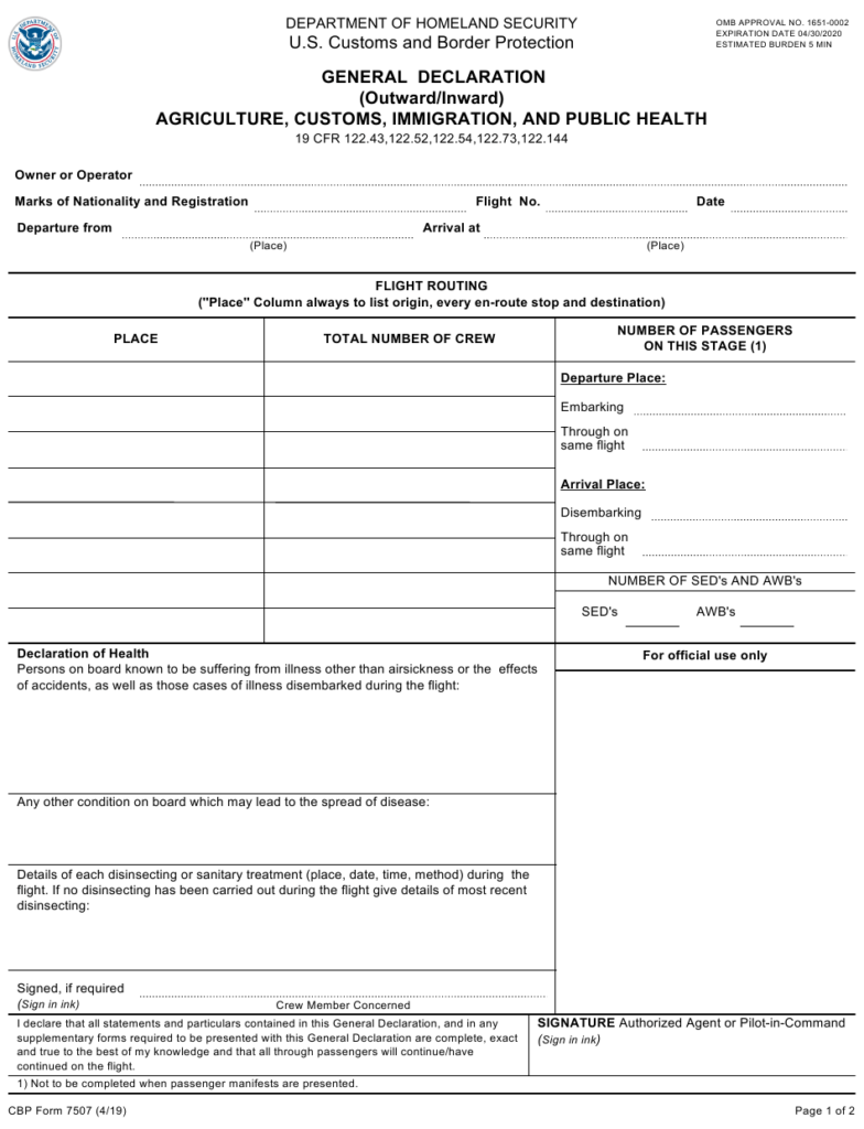 CBP Form 7507 Download Fillable PDF Or Fill Online General Declaration 