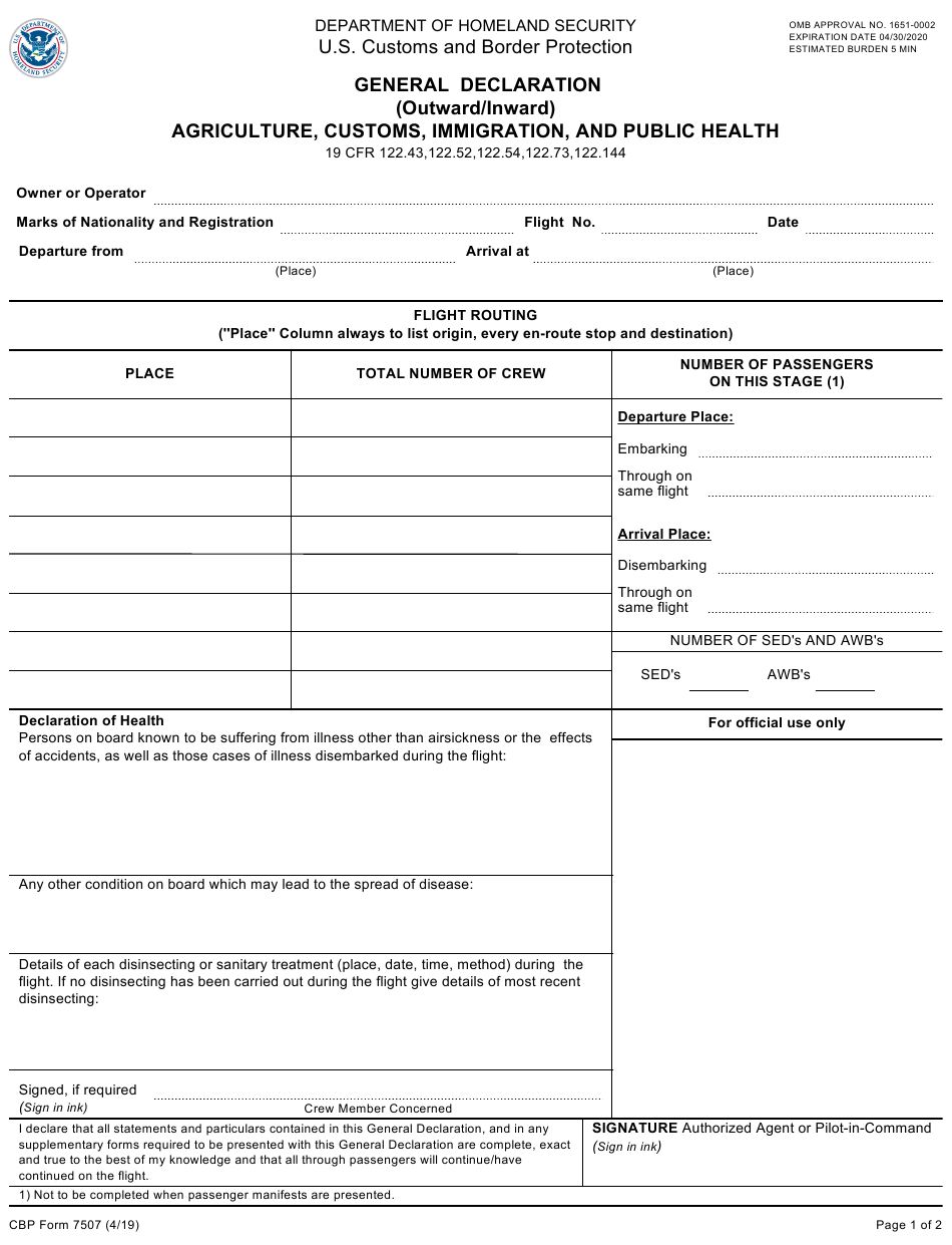 CBP Form 7507 Download Fillable PDF Or Fill Online General Declaration