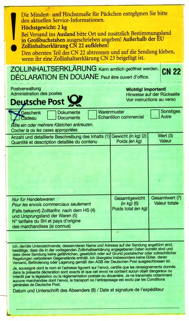 CN22 Germany My C1 Customs Declaration Sticker From German Flickr