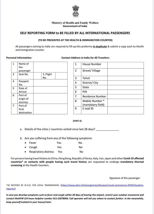 Coronavirus Flying To India Filled Printout Of Self declaration Form 