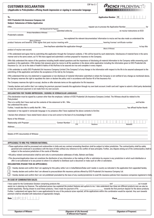 Customer Declaration Form Prudential Life Insurance Printable Pdf 