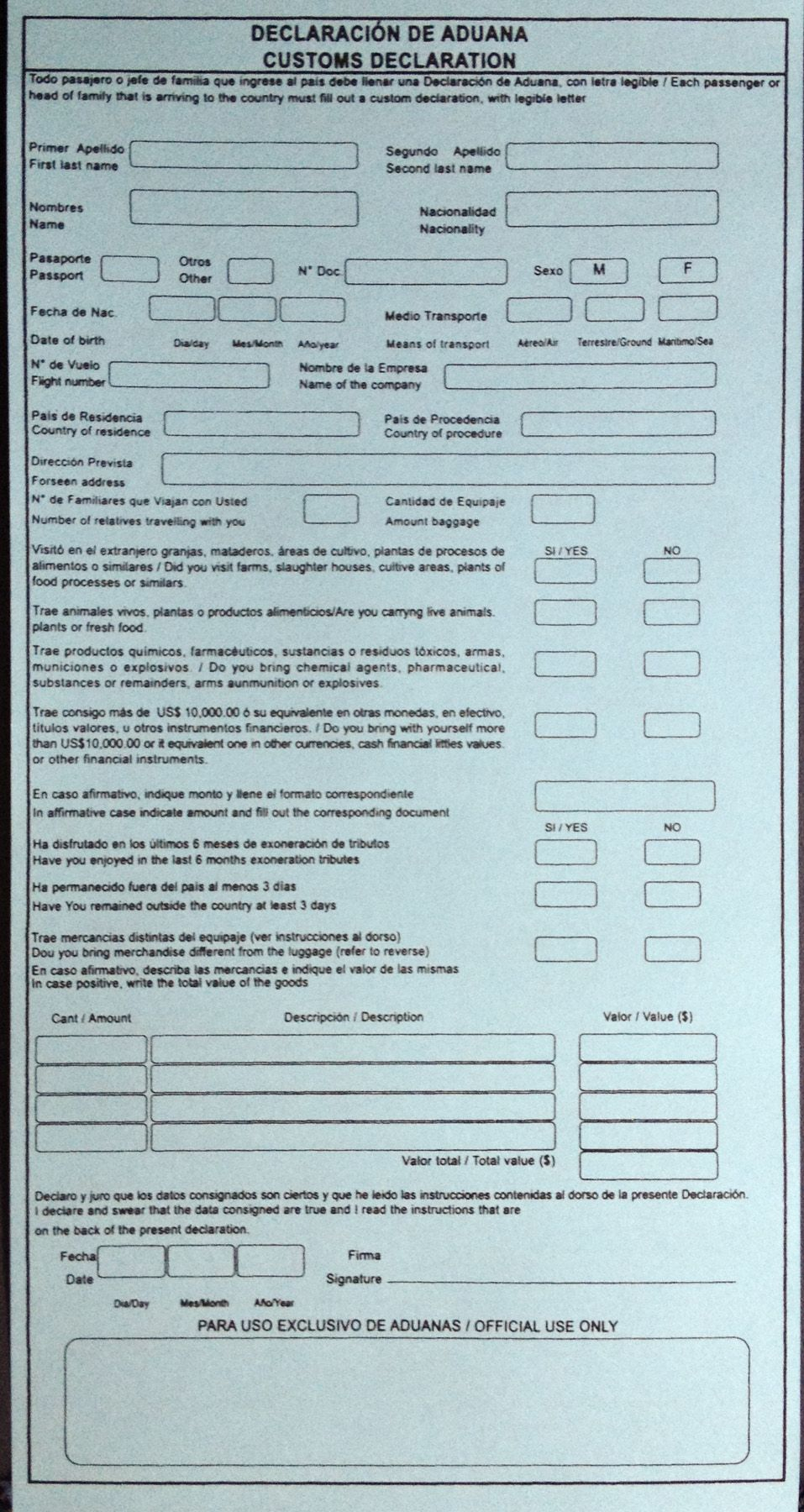 Customs Declaration Form Costa Rica Front In 2022 Costa Rica 