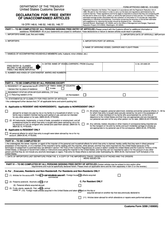 Customs Form 3299 Declaration For Free Entry Of Unaccompanied
