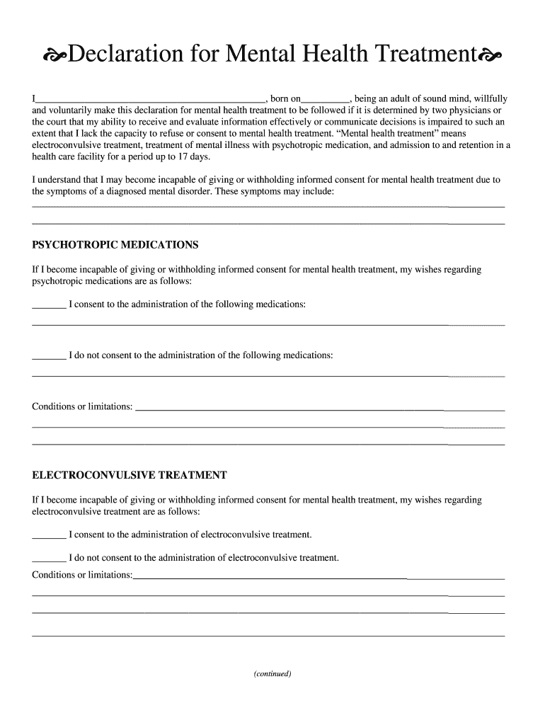 Declaration For Mental Health Treatment Form Idph State Il Fill And 