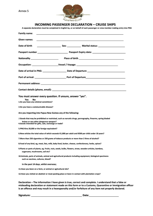 Fillable Incoming Passenger Declaration Form Cruise Ships Printable 