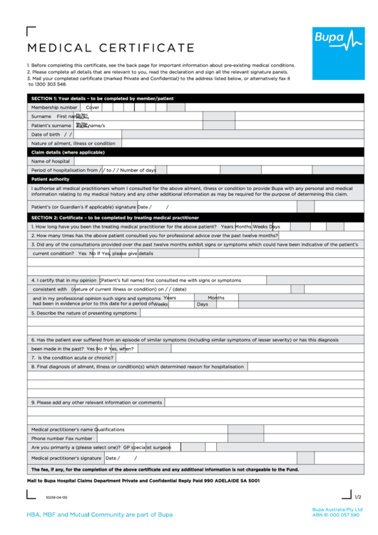 Fillable Medical Certificate Form Bupa Printable Pdf Download