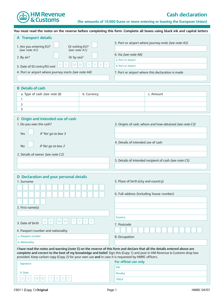 Fillable Online Hmrc Gov Cash Declaration HM Revenue Customs Hmrc 
