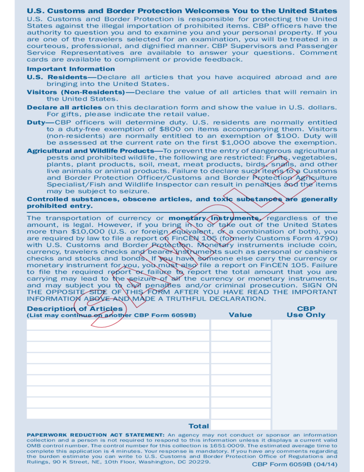Form 6059B Customs Declaration Free Download