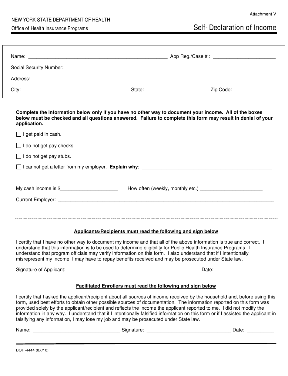 Form DOH 4444 Download Printable PDF Or Fill Online Self declaration Of Income New York