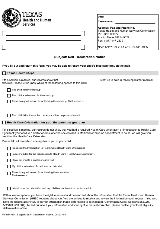 Form H1024 Download Fillable PDF Or Fill Online Subject Self Declaration Notice Texas 