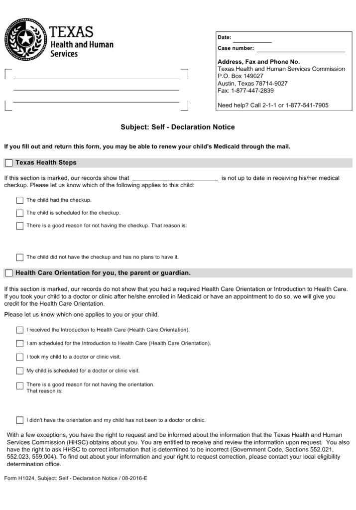 Form H1024 Download Fillable PDF Or Fill Online Subject Self Declaration Notice Texas 