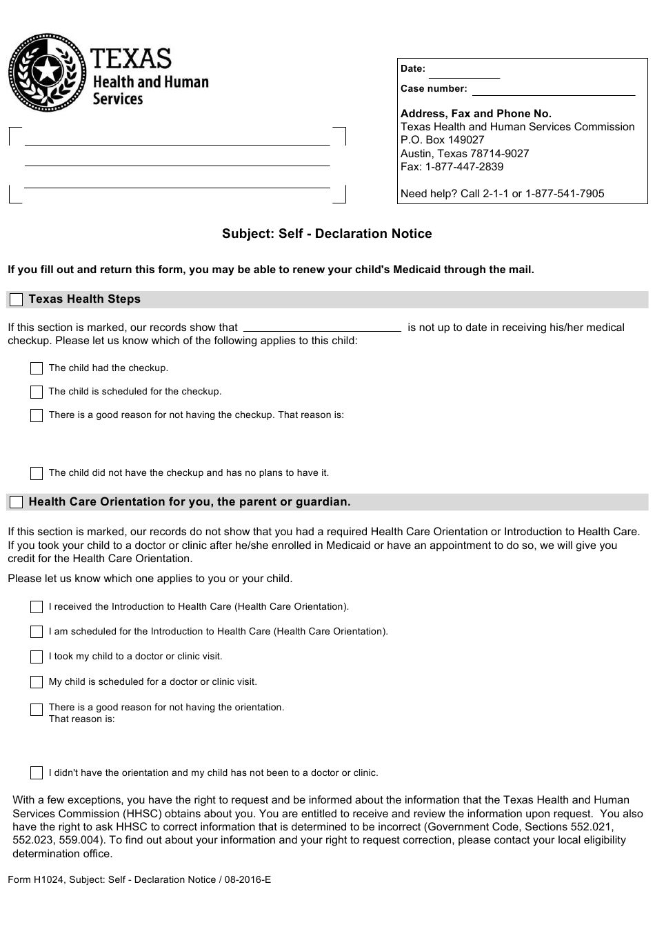 Form H1024 Download Fillable PDF Or Fill Online Subject Self Declaration Notice Texas