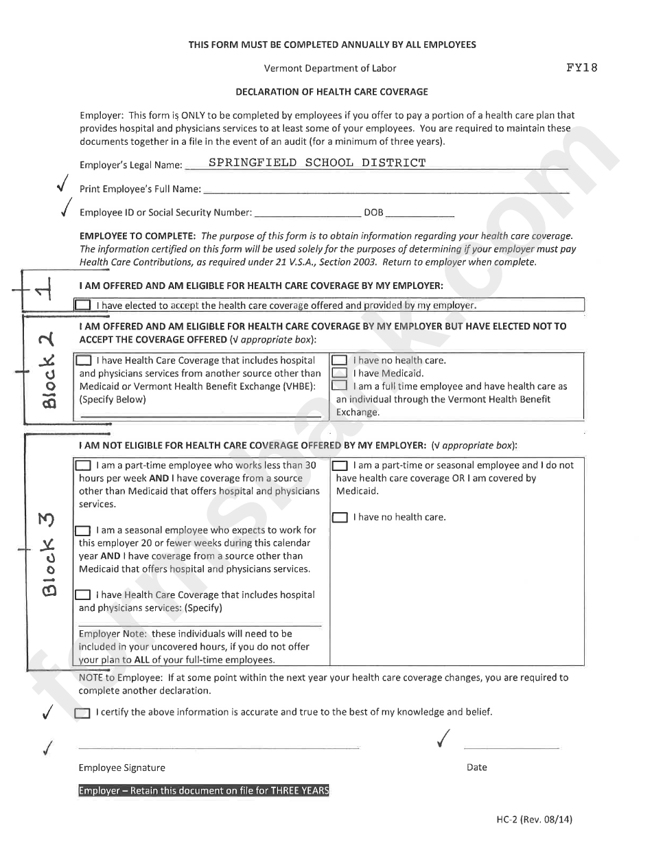 Form Hc 2 Declaration Of Health Care Coverage Form Printable Pdf Download