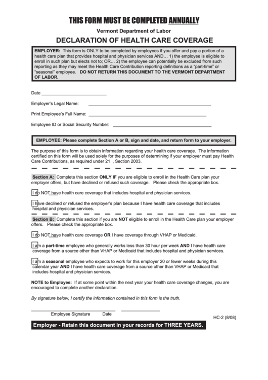 Form Hc 2 Declaration Of Health Care Coverage Printable Pdf Download