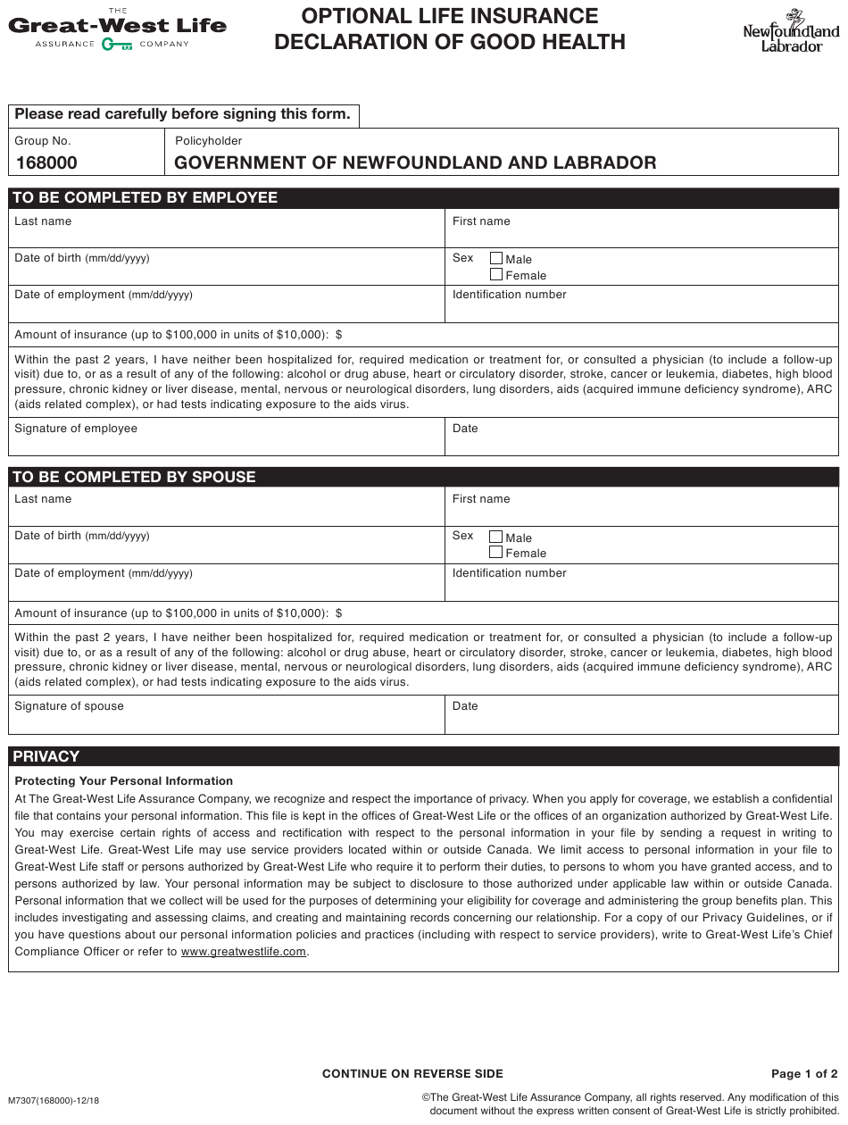 Form M7307 168000 Download Fillable PDF Or Fill Online Optional Life 