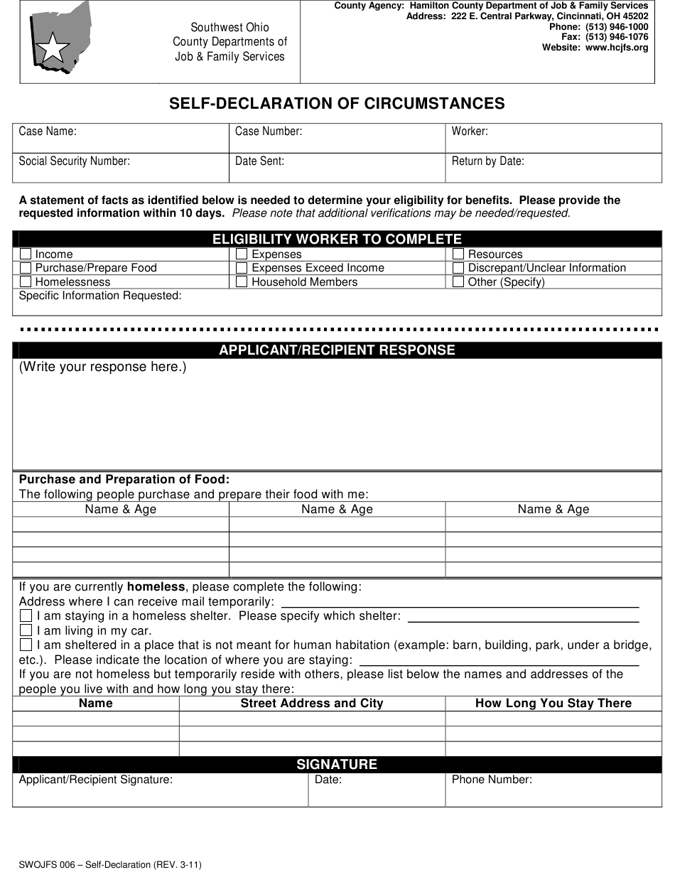 Form SWOJFS006 Download Fillable PDF Or Fill Online Self declaration Of Circumstances Hamilton 