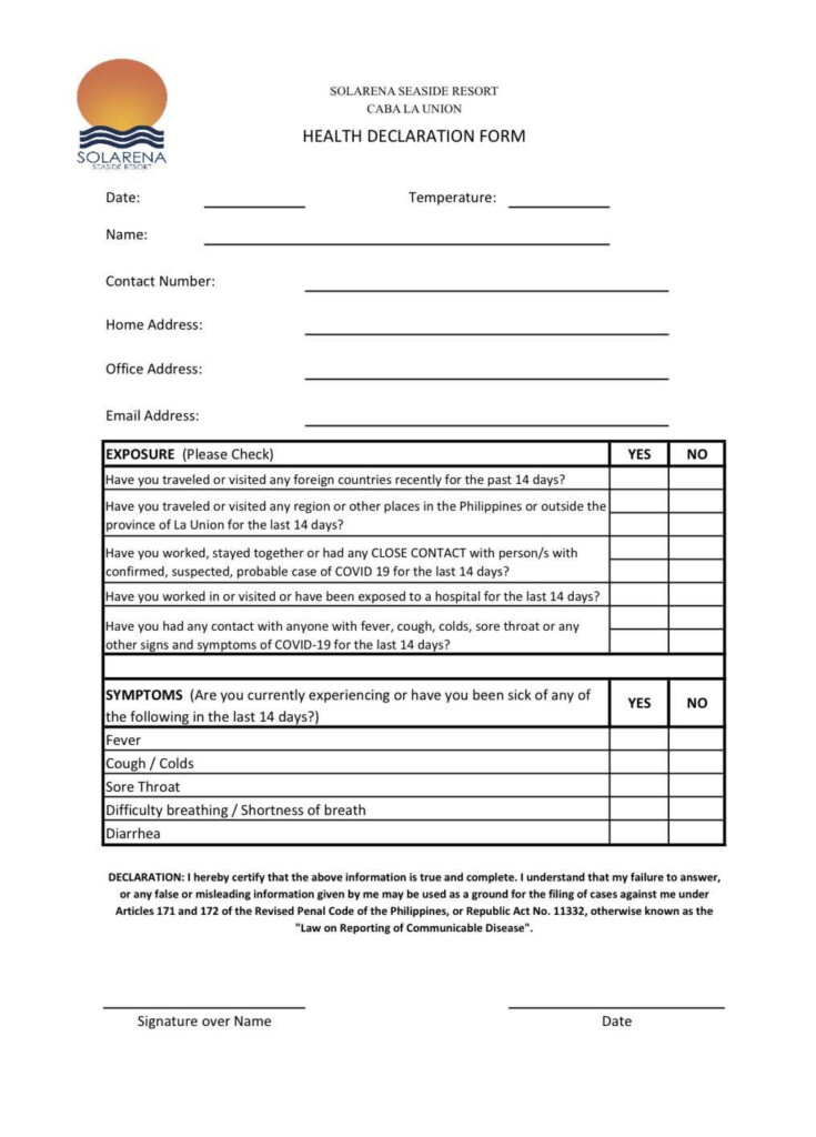 Health Declaration Form Covid 19 COVID 19 Self Declaration Form 