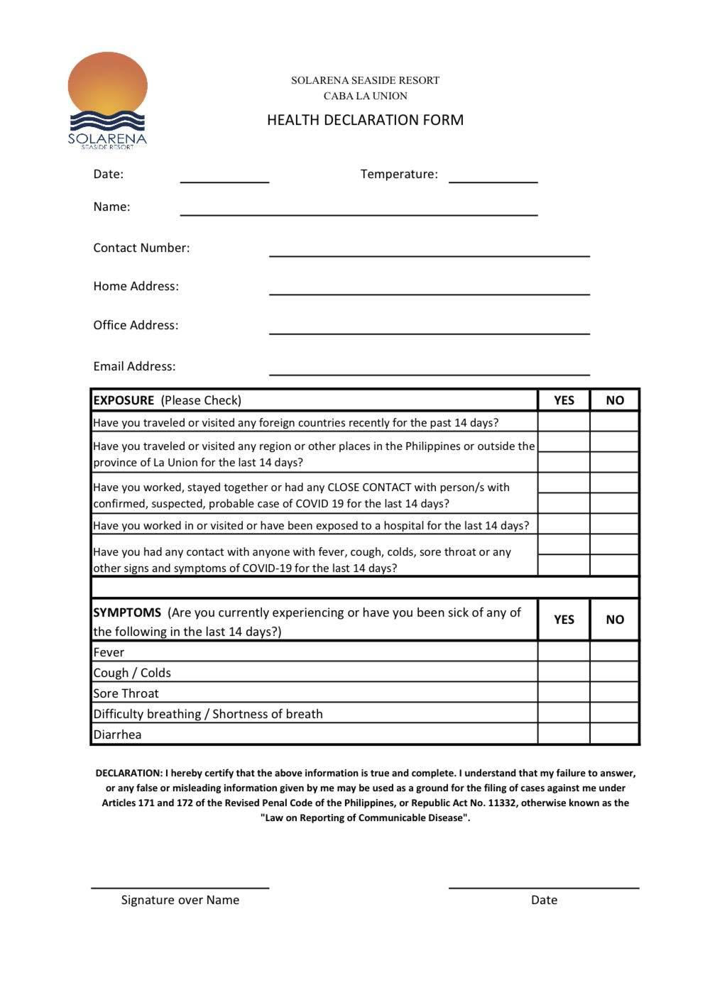 Health Declaration Form Covid Declaration Form