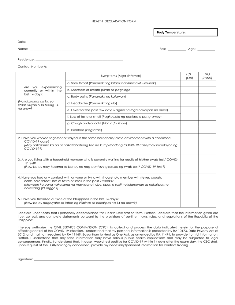 Health Declaration Form Dakilaes 2022