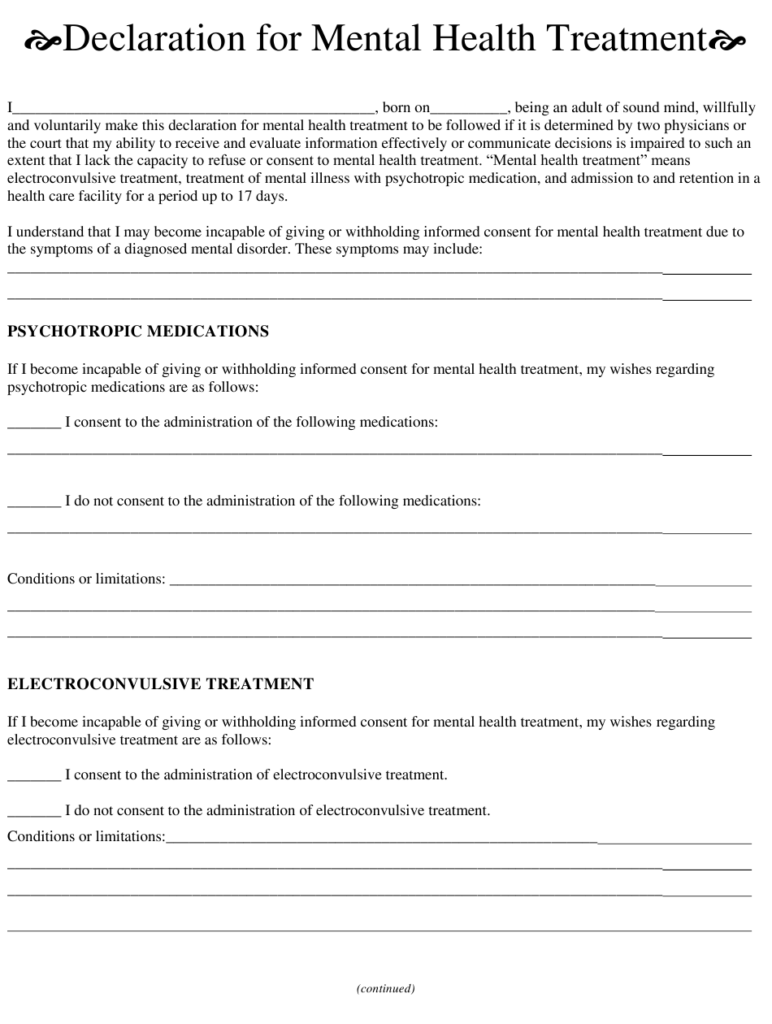 Illinois Declaration For Mental Health Treatment Download Printable PDF 