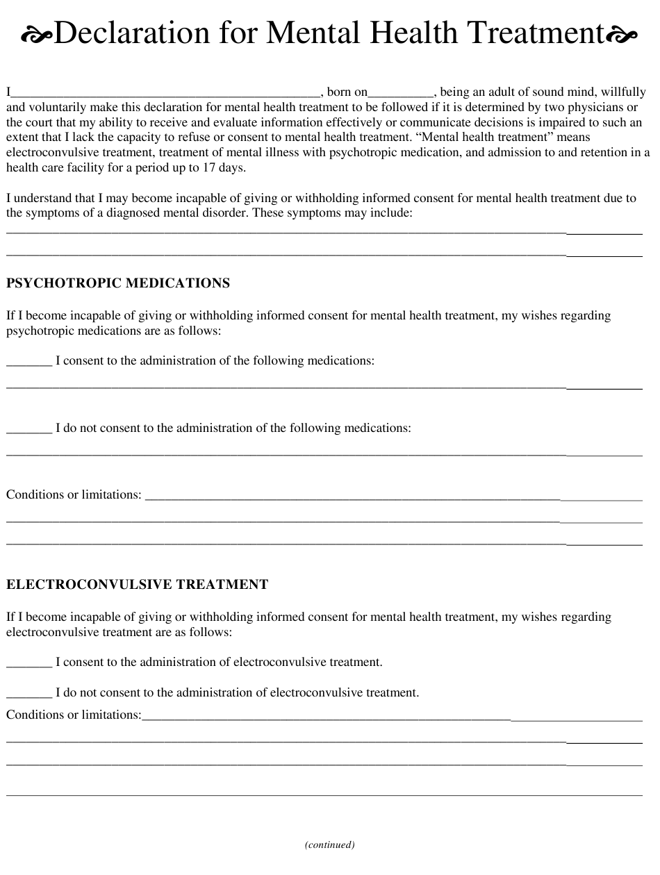 Illinois Declaration For Mental Health Treatment Download Printable PDF 