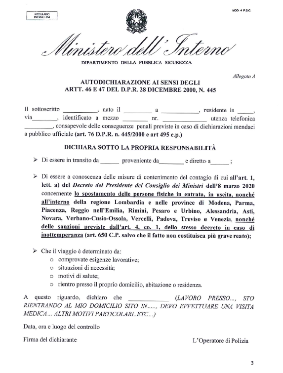 Italy Self Declaration Form 2022 Declaration Form