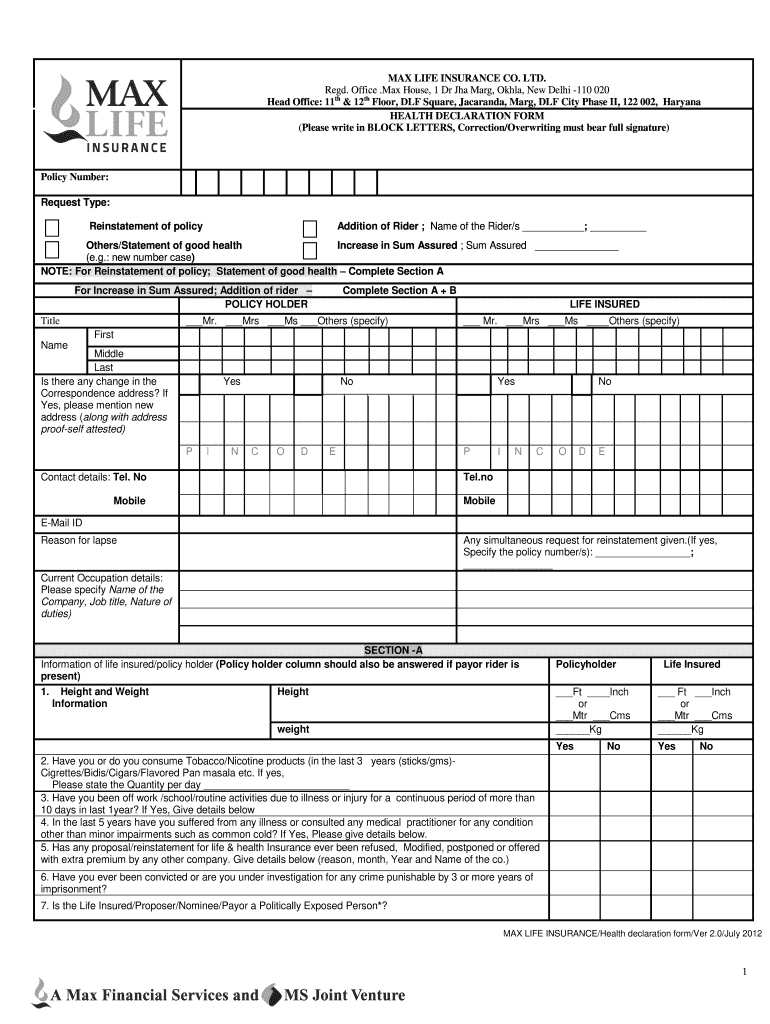 Max Life Insurance Company Health Declaration Form 2012 Fill And Sign 