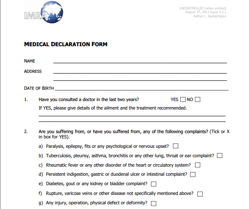 Medical Declaration Form Templates Free Printable