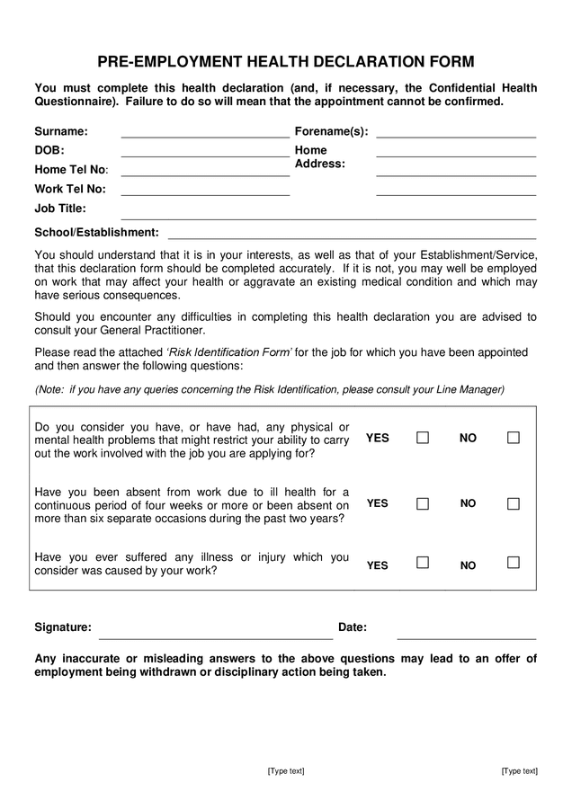 Pre employment Health Declaration Form Great Britain In Word And Pdf 