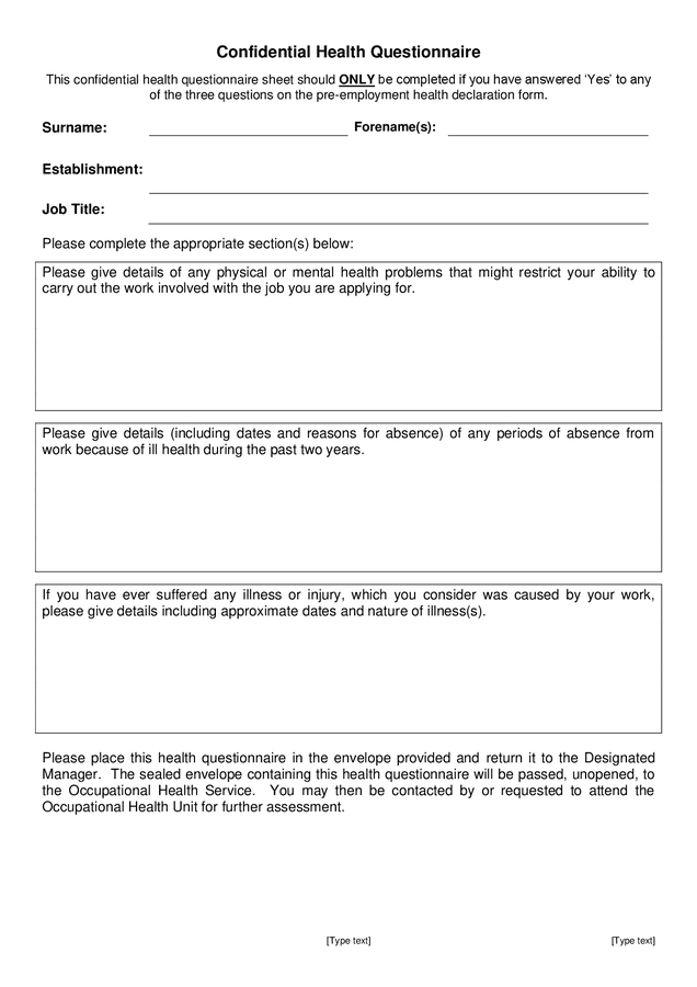 Pre employment Health Declaration Form Great Britain In Word And Pdf 