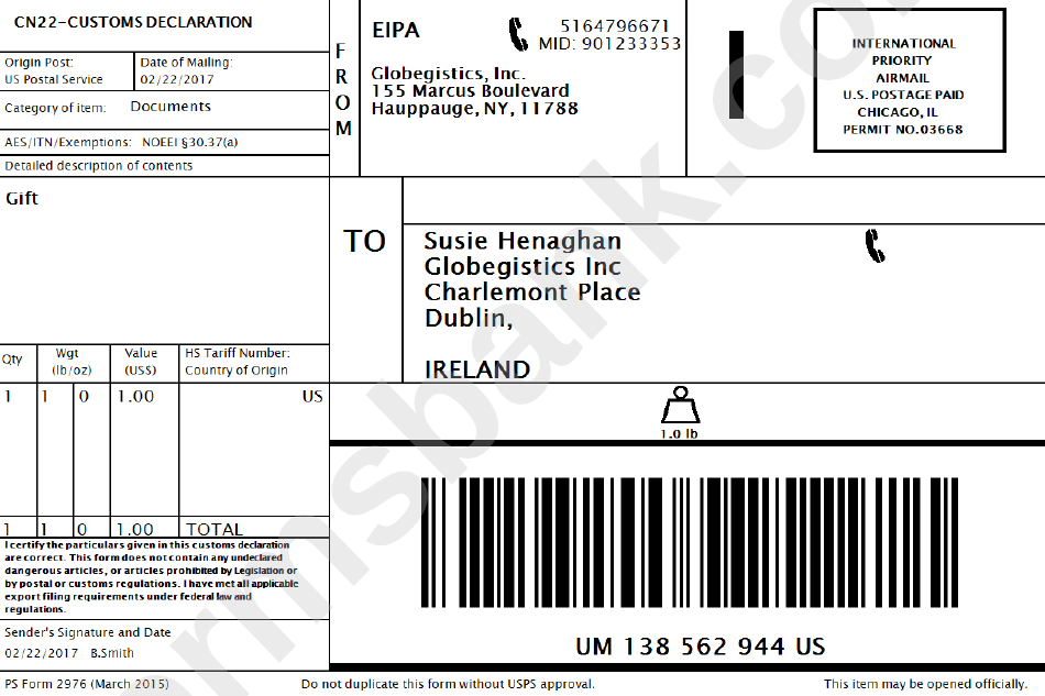 Ps Form 2976 Customs Declaration Printable Pdf Download