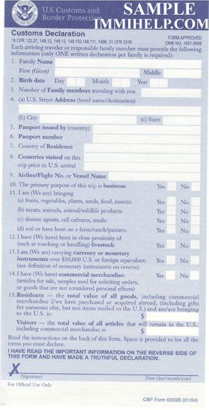 Sample U S Customs Declaration Form 6059B Student Travel World Cup 