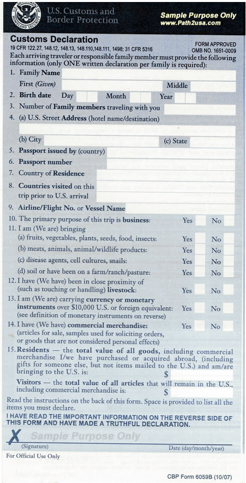 Sample US Customs Form Form 6059B Path2USA