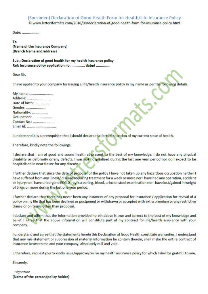 Self Declaration Letter Format For Medical Insurance
