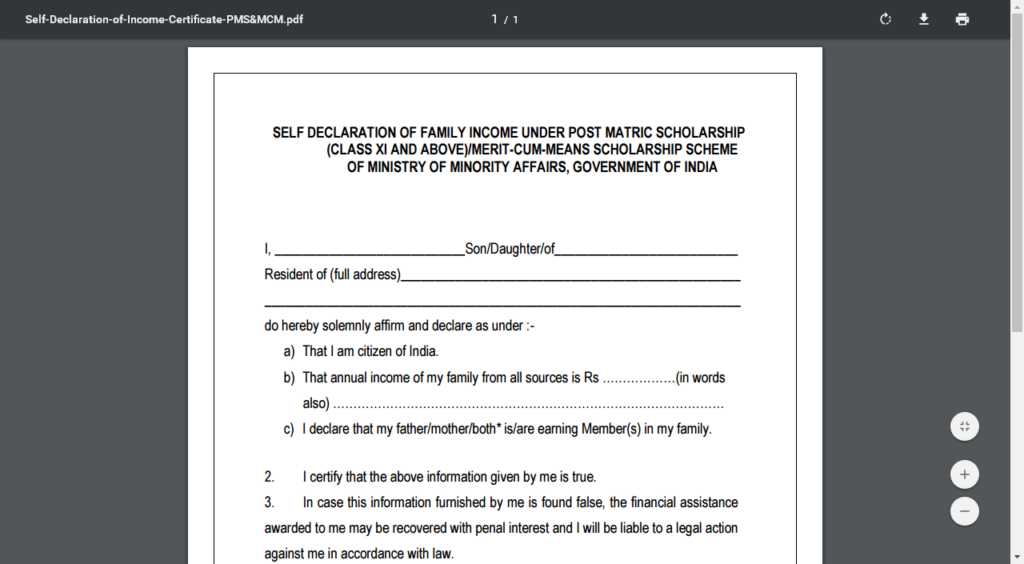 Self Declaration Of Income Certificate By The Student 2017 What 