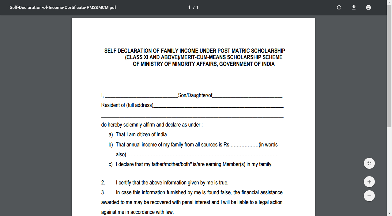 Self Declaration Of Income Certificate By The Student 2017 What