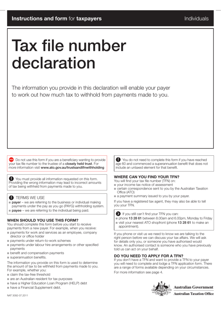 Tfn Declaration Form N3092 Declaration Form
