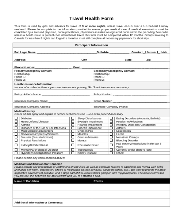 Travel Health Declaration Form FREE 9 Sample Travel Health Forms In 