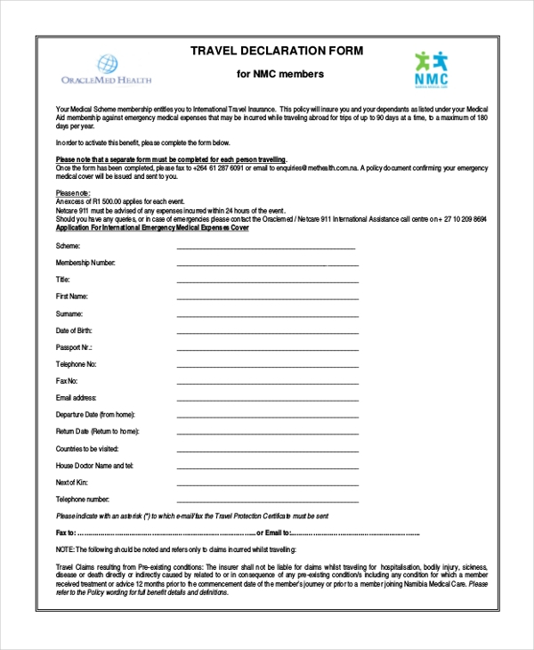 Travel Health Declaration Form FREE 9 Sample Travel Health Forms In