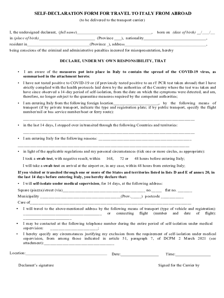 2021 IT Self Declaration Form For Travel To Italy From Abroad Fill 