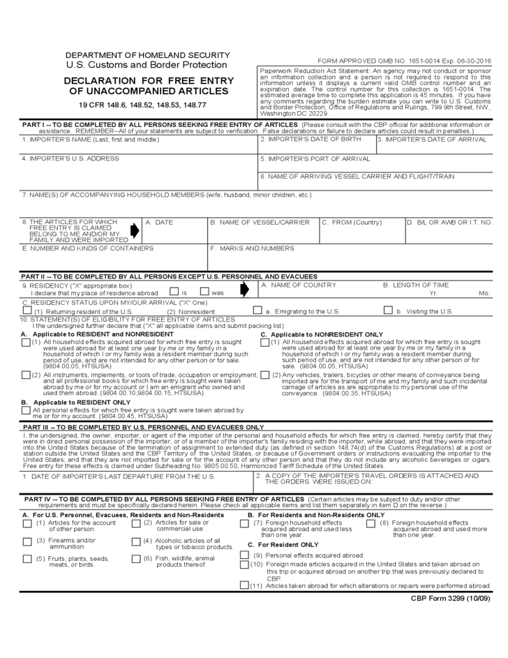 CBP Form 3299 Declaration For Free Entry Of Unaccompanied Articles 